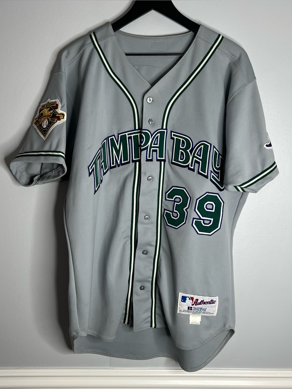 Tampa Bay Devil Rays Mike Caruso Jersey Mens 46 Russell Athletic Grey MLB 2001